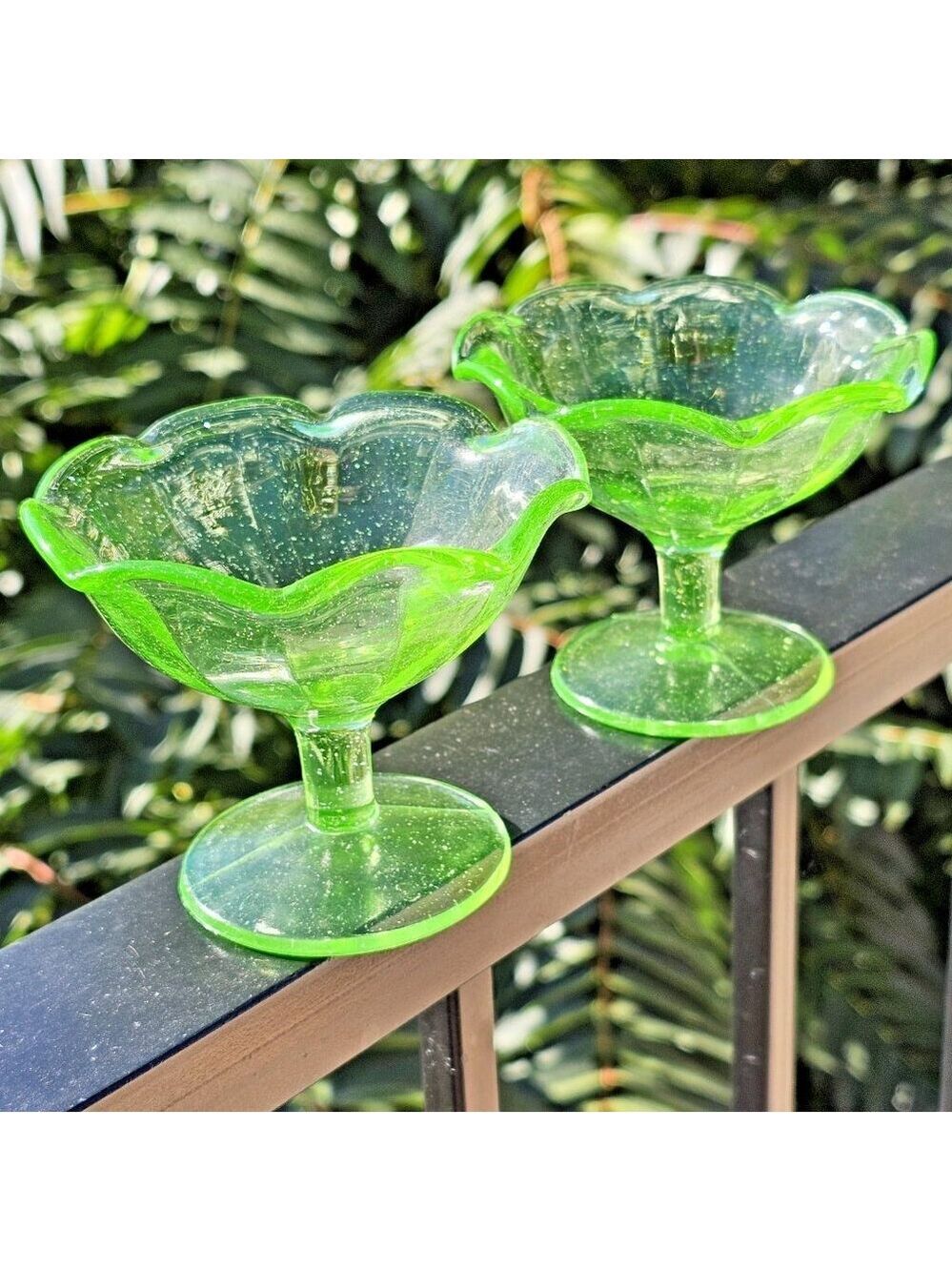 Uranium Depression Glass Green Glowing Sherbet Cup 2pcs Geiger Test Wow Bubbles!